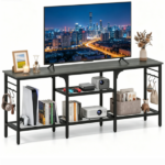 Industrial 3-Tier TV Stand for 65 Inch TV, Heavy Duty Metal Frame Entertainment Center with Anti-Tip Design & Storage Hooks for Living Room - Oak - Image 2