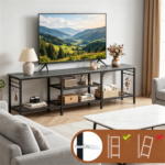 Industrial 3-Tier TV Stand for 65 Inch TV, Heavy Duty Metal Frame Entertainment Center with Anti-Tip Design & Storage Hooks for Living Room - Oak - Image 6