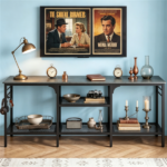 Industrial 3-Tier TV Stand for 65 Inch TV, Heavy Duty Metal Frame Entertainment Center with Anti-Tip Design & Storage Hooks for Living Room - Oak - Image 8