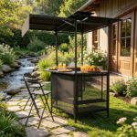 6' x 5.5' Outdoor BBQ Grill Shelter Gazebo, Waterproof Fabric Canopy with 2-Tier Roof, 6 Hanging Hooks & Glass Holder, Stable Steel Frame for Backyard Grilling