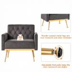 Gray Modern Tufted Velvet Accent Chair, Ergonomic Wide Seat Single Sofa Chair with Padded Armrests, High-Density Foam Upholstered Lounge Chair, 350LBS Heavy Duty Metal Legs Non-Slip Foot Pads Easy Assembly for Living Room Bedroom Office - Image 5