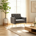 Gray Modern Tufted Velvet Accent Chair, Ergonomic Wide Seat Single Sofa Chair with Padded Armrests, High-Density Foam Upholstered Lounge Chair, 350LBS Heavy Duty Metal Legs Non-Slip Foot Pads Easy Assembly for Living Room Bedroom Office - Image 6