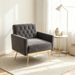 Gray Modern Tufted Velvet Accent Chair, Ergonomic Wide Seat Single Sofa Chair with Padded Armrests, High-Density Foam Upholstered Lounge Chair, 350LBS Heavy Duty Metal Legs Non-Slip Foot Pads Easy Assembly for Living Room Bedroom Office - Image 7