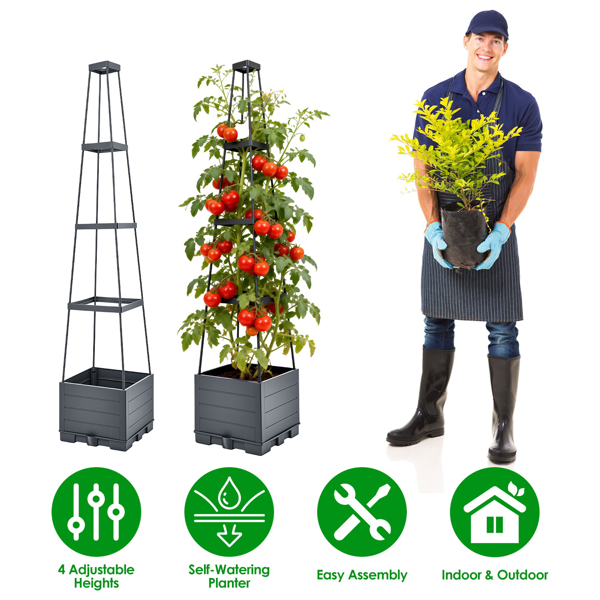 4 Adjustable Height Self-Watering Raised Planter Box with Trellis, Built-in 2L Water Reservoir PP Climbing Plant Container with Plant Clips & Garden Ties for Tomato Cucumber Vine