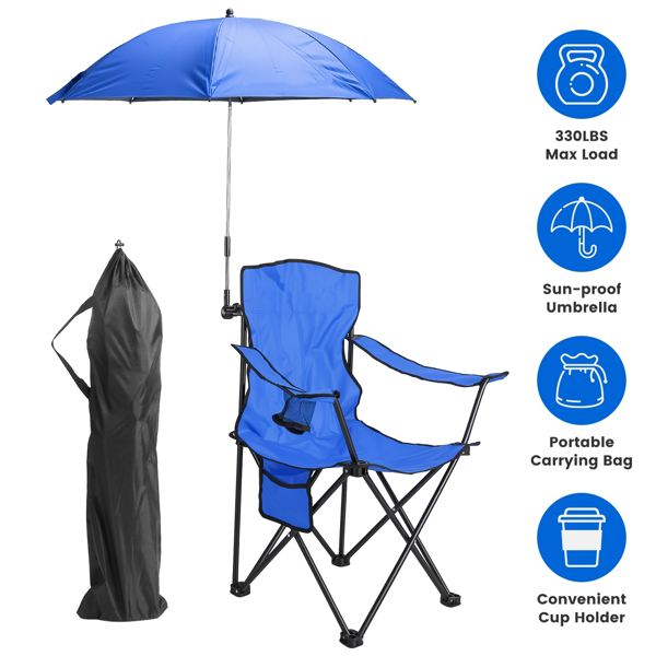 Folding Camping Chair with Detachable 8-Rib Sun Umbrella, 42.13 Inch Canopy Aluminum Alloy Portable Lawn Chair Supports 330LBS with Cup Holder