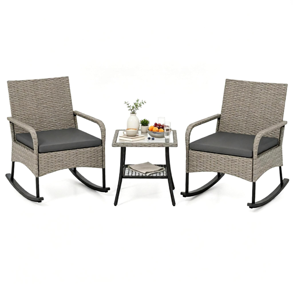 3 Piece Outdoor PE Rattan Rocking Bistro Set, 2 Rocking Chairs with Washable Gray Cushions & 2-Tier Tempered Glass Side Table Anti-Tip Stoppers Patio Porch Pool Furniture Mixed Gray Wicker