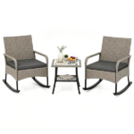 3 Piece Outdoor PE Rattan Rocking Bistro Set, 2 Rocking Chairs with Washable Gray Cushions & 2-Tier Tempered Glass Side Table Anti-Tip Stoppers Patio Porch Pool Furniture Mixed Gray Wicker - Image 2