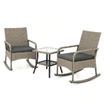 3 Piece Outdoor PE Rattan Rocking Bistro Set, 2 Rocking Chairs with Washable Gray Cushions & 2-Tier Tempered Glass Side Table Anti-Tip Stoppers Patio Porch Pool Furniture Mixed Gray Wicker - Image 3