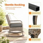 3 Piece Outdoor PE Rattan Rocking Bistro Set, 2 Rocking Chairs with Washable Gray Cushions & 2-Tier Tempered Glass Side Table Anti-Tip Stoppers Patio Porch Pool Furniture Mixed Gray Wicker - Image 5