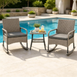 3 Piece Outdoor PE Rattan Rocking Bistro Set, 2 Rocking Chairs with Washable Gray Cushions & 2-Tier Tempered Glass Side Table Anti-Tip Stoppers Patio Porch Pool Furniture Mixed Gray Wicker - Image 7