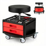 Height Adjustable Rolling Mechanic Stool with 3 Storage Drawers & 4-Compartment Tool Tray, SGS Certified Gas Lift 18"-23" Seat Height 360° Swivel Lockable 5 Wheels 330 LBS Capacity Garage Work Seat Red Black - Image 2