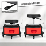 Height Adjustable Rolling Mechanic Stool with 3 Storage Drawers & 4-Compartment Tool Tray, SGS Certified Gas Lift 18"-23" Seat Height 360° Swivel Lockable 5 Wheels 330 LBS Capacity Garage Work Seat Red Black - Image 3