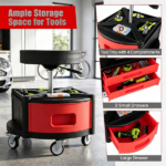 Height Adjustable Rolling Mechanic Stool with 3 Storage Drawers & 4-Compartment Tool Tray, SGS Certified Gas Lift 18"-23" Seat Height 360° Swivel Lockable 5 Wheels 330 LBS Capacity Garage Work Seat Red Black - Image 7
