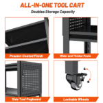 3 Tier Tool Cart on Wheels, Heavy Duty Metal Service Cart with Pegboards, 660 LBS Load Capacity Tool Utility Cart, Industrial Utility for Garage, Warehouse, Workshop - Image 6
