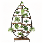 Leaf Shaped Plant Stand with 5-Head Full Spectrum LED Grow Light, Multi-Tier Metal Wood Display Shelf with Hanging Hooks & Anti-Tip Kit, Indoor Flower Pot Holder for Houseplants, 62.9"L x 33"W x 10.2"D Inches, Black Metal Frame & Rustic Wood Grain Board - Image 2
