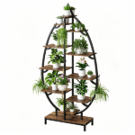 Leaf Shaped Plant Stand with 5-Head Full Spectrum LED Grow Light, Multi-Tier Metal Wood Display Shelf with Hanging Hooks & Anti-Tip Kit, Indoor Flower Pot Holder for Houseplants, 62.9"L x 33"W x 10.2"D Inches, Black Metal Frame & Rustic Wood Grain Board - Image 4