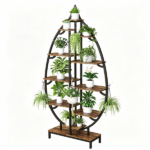 Leaf Shaped Plant Stand with 5-Head Full Spectrum LED Grow Light, Multi-Tier Metal Wood Display Shelf with Hanging Hooks & Anti-Tip Kit, Indoor Flower Pot Holder for Houseplants, 62.9"L x 33"W x 10.2"D Inches, Black Metal Frame & Rustic Wood Grain Board - Image 5