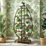 Leaf Shaped Plant Stand with 5-Head Full Spectrum LED Grow Light, Multi-Tier Metal Wood Display Shelf with Hanging Hooks & Anti-Tip Kit, Indoor Flower Pot Holder for Houseplants, 62.9"L x 33"W x 10.2"D Inches, Black Metal Frame & Rustic Wood Grain Board - Image 8