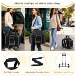 Multi-Way Portable Pet Rolling Carrier Trolley, Aluminum Alloy Frame Collapsible Pet Travel Bag with Safety Leash Padded Carry Handle for Vet Visits Road Trips Daily Walking Black - Image 8