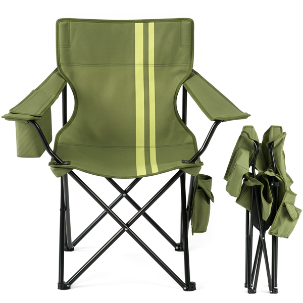 Folding Camping Chair with Built-in Cooler Bag & Cup Holder, Heavy Duty 350 lbs Capacity Portable Outdoor Camp Chair, Green Padded Folding Chair with Side Pocket for Camping, Beach, Patio, Picnic, Travel