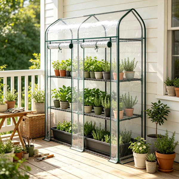 Clear Small 3-Tier Mini Greenhouse – Portable Plant Greenhouse with 2 Roll-up Doors, 56.3" x 18.1" x 65"
