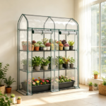 Clear Small 3-Tier Mini Greenhouse – Portable Plant Greenhouse with 2 Roll-up Doors, 56.3" x 18.1" x 65" - Image 5