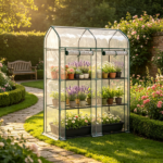 Clear Small 3-Tier Mini Greenhouse – Portable Plant Greenhouse with 2 Roll-up Doors, 56.3" x 18.1" x 65" - Image 6