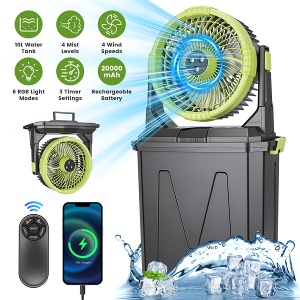 5-in-1 Rechargeable Misting Cooling Fan with 20000mAh Power Bank, 10L Large Water Tank 4 Mist Modes 4 Wind Speeds, RGB Night Light Timer Remote Control Portable Water Fan for Camping Patio RV Bedroom