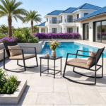 3-Piece Outdoor Wicker Rocking Chair Set, Patio Conversation Furniture with Tempered Glass Side Table & Washable Cushions for Garden Backyard Poolside - Brown - Image 3