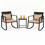 3-Piece Outdoor Wicker Rocking Chair Set, Patio Conversation Furniture with Tempered Glass Side Table & Washable Cushions for Garden Backyard Poolside - Brown - Image 4