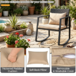 3-Piece Outdoor Wicker Rocking Chair Set, Patio Conversation Furniture with Tempered Glass Side Table & Washable Cushions for Garden Backyard Poolside - Brown - Image 8