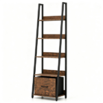 5-Tier Ladder Shelf with Fabric Drawer, Narrow Industrial Bookshelf with Anti-Tip Device & Back Baffle, Wooden Metal Storage Rack for Home Office - Rustic Brown - Image 3