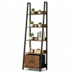 5-Tier Ladder Shelf with Fabric Drawer, Narrow Industrial Bookshelf with Anti-Tip Device & Back Baffle, Wooden Metal Storage Rack for Home Office - Rustic Brown - Image 4