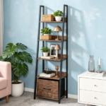 5-Tier Ladder Shelf with Fabric Drawer, Narrow Industrial Bookshelf with Anti-Tip Device & Back Baffle, Wooden Metal Storage Rack for Home Office - Rustic Brown - Image 7
