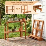 Natural Wood Folding Storage Shelf, Slatted Drainage Design Portable Display Rack for Indoor Outdoor Shoe & Plant Organizer 2-Tier Storage Shelves - Image 7