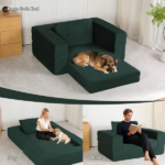 Compression Human Dog Sofa Bed for Adult & Pets,Modern Floor Couch With Pillow for Living Room Bedroom,Corduroy Fabric,No Assembly Required, Dark Green - Image 2