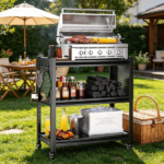 Outdoor Grill Cart Table with Pegboard, Indoor and Outdoor Pizza Oven Table with Lockable Wheels,3-Tier Mobile Multifunctional Organizer Table for Grilling Fans, 33.5" H x 32.7" W x 15.8" D Black - Image 2
