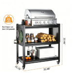 Outdoor Grill Cart Table with Pegboard, Indoor and Outdoor Pizza Oven Table with Lockable Wheels,3-Tier Mobile Multifunctional Organizer Table for Grilling Fans, 33.5" H x 32.7" W x 15.8" D Black - Image 3