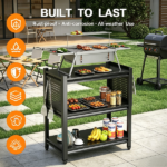 Outdoor Grill Cart Table with Pegboard, Indoor and Outdoor Pizza Oven Table with Lockable Wheels,3-Tier Mobile Multifunctional Organizer Table for Grilling Fans, 33.5" H x 32.7" W x 15.8" D Black - Image 4