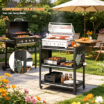 Outdoor Grill Cart Table with Pegboard, Indoor and Outdoor Pizza Oven Table with Lockable Wheels,3-Tier Mobile Multifunctional Organizer Table for Grilling Fans, 33.5" H x 32.7" W x 15.8" D Black - Image 5