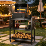 Outdoor Grill Cart Table with Pegboard, Indoor and Outdoor Pizza Oven Table with Lockable Wheels,3-Tier Mobile Multifunctional Organizer Table for Grilling Fans, 33.5" H x 32.7" W x 15.8" D Black - Image 7