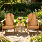 Natural Finish Adirondack Furniture Set of 2 Chairs & 1 Side Table, Heavy Duty 400LBS Capacity Outdoor Bistro Set for Backyard