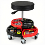 Height Adjustable Rolling Mechanic Stool with 2-Tier 8-Compartment Tool Tray, SGS Gas Lift 18"-23.5" Seat Height 3" Thick PVC Padded Seat 330 LBS Capacity 5 Universal Wheels Garage Work Stool Red Black - Image 3