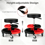 Height Adjustable Rolling Mechanic Stool with 2-Tier 8-Compartment Tool Tray, SGS Gas Lift 18"-23.5" Seat Height 3" Thick PVC Padded Seat 330 LBS Capacity 5 Universal Wheels Garage Work Stool Red Black - Image 4