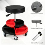 Height Adjustable Rolling Mechanic Stool with 2-Tier 8-Compartment Tool Tray, SGS Gas Lift 18"-23.5" Seat Height 3" Thick PVC Padded Seat 330 LBS Capacity 5 Universal Wheels Garage Work Stool Red Black - Image 7