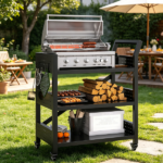 Outdoor Grill Cart Table with Pegboard & Handle, Indoor and Outdoor Pizza Oven Table with Lockable Wheels,3-Tier Mobile Multifunctional Organizer Table for Grilling Fans, 30.3"H x 24.4"W x 13.8"D Black - Image 2