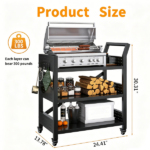Outdoor Grill Cart Table with Pegboard & Handle, Indoor and Outdoor Pizza Oven Table with Lockable Wheels,3-Tier Mobile Multifunctional Organizer Table for Grilling Fans, 30.3"H x 24.4"W x 13.8"D Black - Image 3
