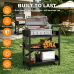 Outdoor Grill Cart Table with Pegboard & Handle, Indoor and Outdoor Pizza Oven Table with Lockable Wheels,3-Tier Mobile Multifunctional Organizer Table for Grilling Fans, 30.3"H x 24.4"W x 13.8"D Black - Image 4