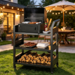 Outdoor Grill Cart Table with Pegboard & Handle, Indoor and Outdoor Pizza Oven Table with Lockable Wheels,3-Tier Mobile Multifunctional Organizer Table for Grilling Fans, 30.3"H x 24.4"W x 13.8"D Black - Image 7