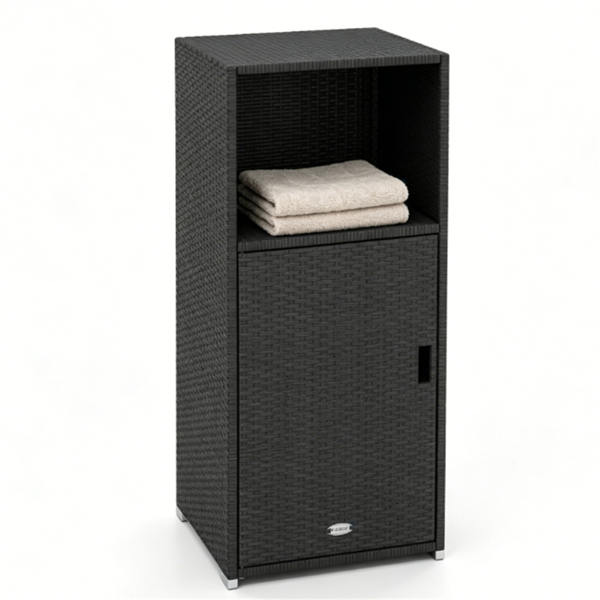 85948229_1 Black Wicker Garden Storage Cabinet, Dual Open & Closed Design Outdoor Tool Cushion Storage Cabinet for Backyard Porch Poolside - Image 1